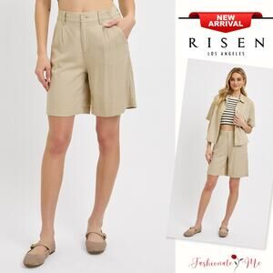 RISEN High Rise Side Pockets Pleated Front Midi Length Linen Shorts | Tan
